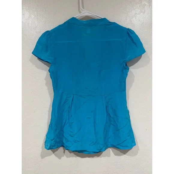 Banana Republic Silk Ruffle Peplum Blouse Turquoise Blue Petite 0P - Picture 3 of 5